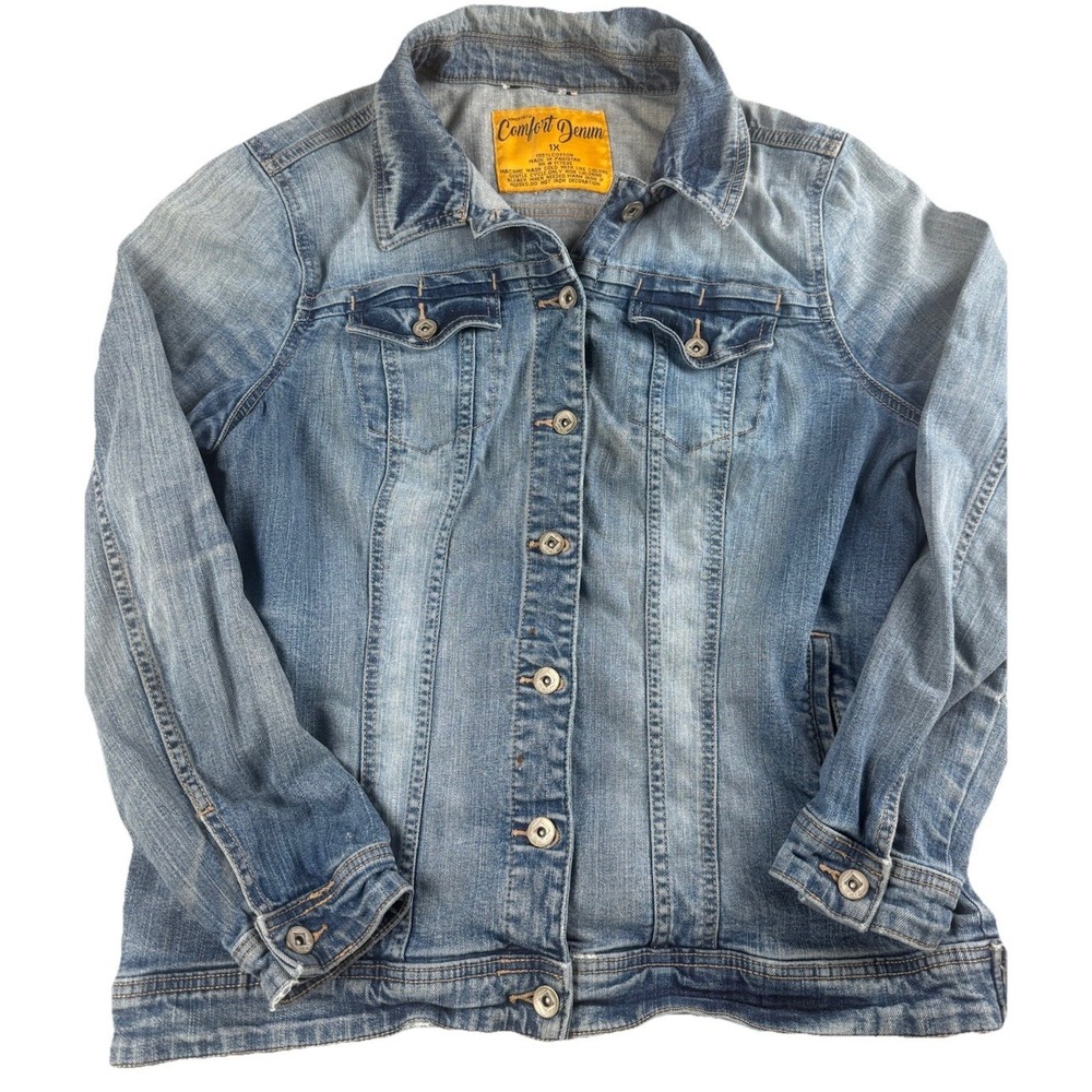 Comfort Denim Womens 1X Blue Jean Jacket Plus Size Button Front Trucker